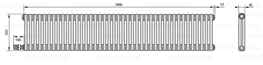 Схема (чертеж) Радиатор Zehnder Charleston 2050/41 №V003 Белый глянцевый RAL 9016